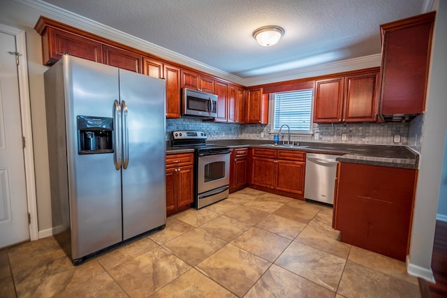 kitchen featuring ornamental molding, appliances with stainless steel finishes, sink, and backsplash