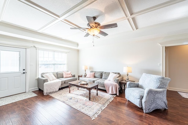 living room with ceiling fan, dark wood-type flooring, coffered ceiling, a textured ceiling, and ornamental molding