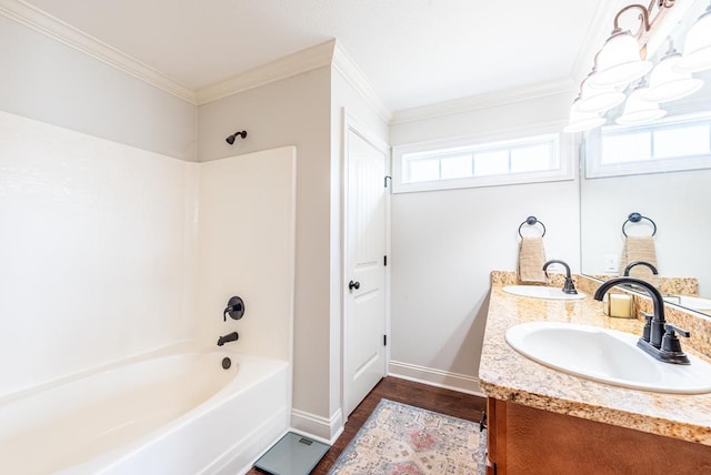 bathroom featuring crown molding, a healthy amount of sunlight, and  shower combination