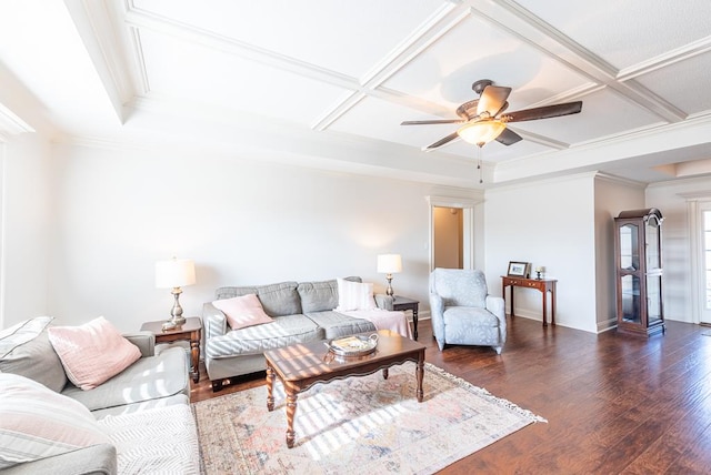 living room with dark hardwood / wood-style floors, ceiling fan, ornamental molding, and coffered ceiling