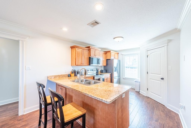 kitchen with dark wood-type flooring, sink, a kitchen bar, kitchen peninsula, and stainless steel appliances