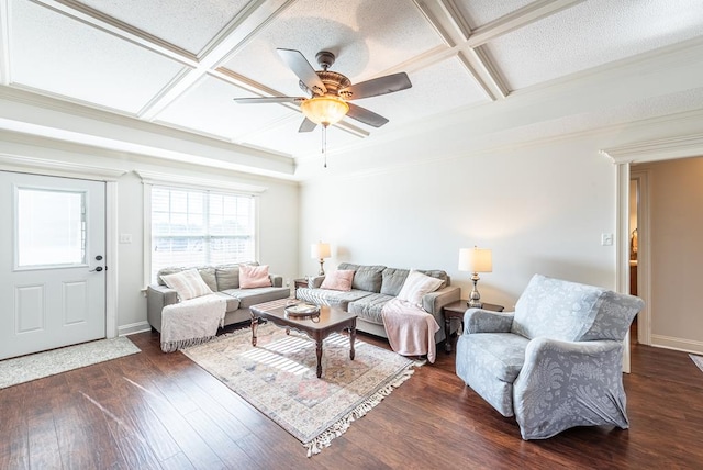 living room featuring a textured ceiling, ceiling fan, dark wood-type flooring, and coffered ceiling