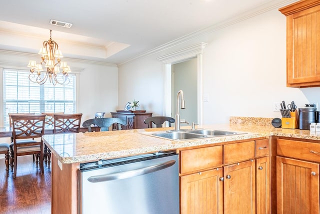 kitchen with dark wood-type flooring, sink, stainless steel dishwasher, kitchen peninsula, and a chandelier