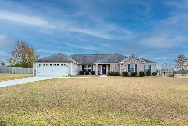 single story home featuring brick siding, a front yard, fence, a garage, and driveway