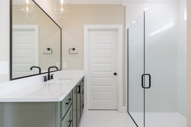 4856 Brown Cat Cir, Hahira, GA 31632 - bathroom featuring vanity, a stall shower, and ornamental molding