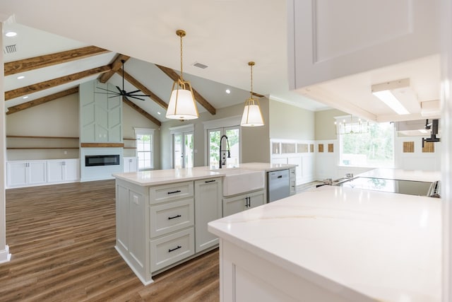 4856 Brown Cat Cir, Hahira, GA 31632 - kitchen with dishwashing machine, ceiling fan, a fireplace, a center island with sink, and wood finished floors