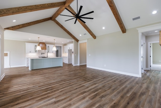 4856 Brown Cat Cir, Hahira, GA 31632 - unfurnished living room featuring dark wood-style flooring, beam ceiling, high vaulted ceiling, recessed lighting, and a ceiling fan