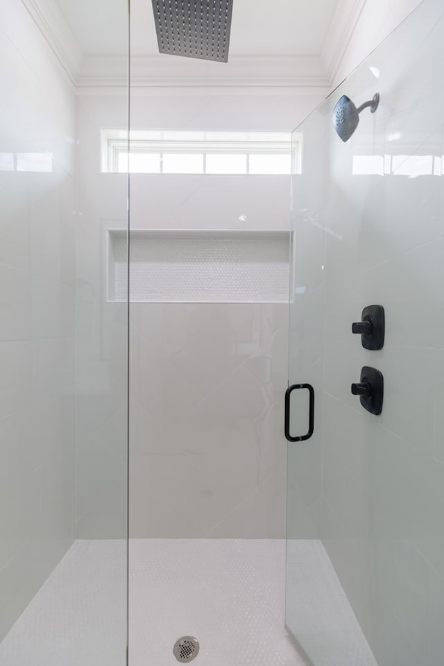 4856 Brown Cat Cir, Hahira, GA 31632 - bathroom featuring a shower stall, crown molding, and healthy amount of natural light