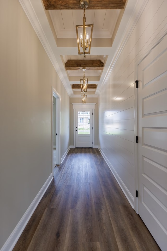 4856 Brown Cat Cir, Hahira, GA 31632 - doorway to outside with a chandelier, dark wood finished floors, beam ceiling, and crown molding