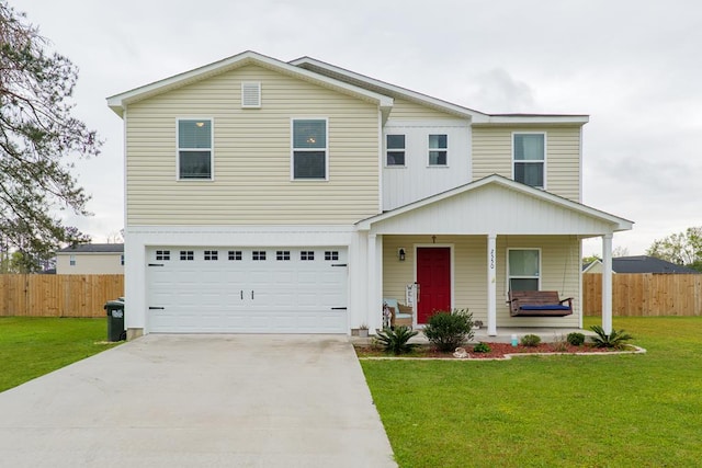 traditional home with driveway, fence, an attached garage, a front lawn, and a porch
