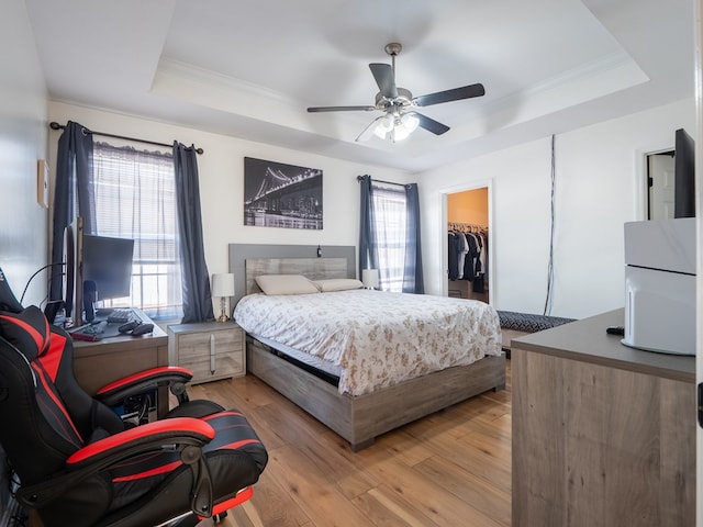 bedroom featuring a walk in closet, a tray ceiling, a closet, ceiling fan, and multiple windows