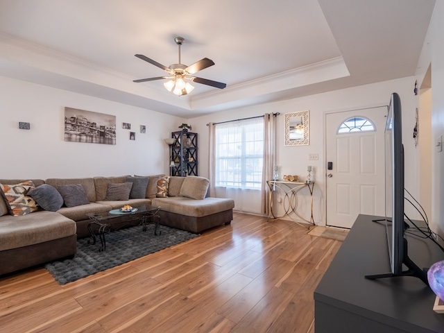 living room with crown molding, a tray ceiling, wood-type flooring, and ceiling fan