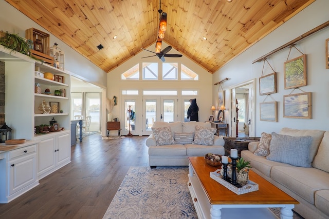 living room with french doors, wood ceiling, ceiling fan, high vaulted ceiling, and dark hardwood / wood-style floors