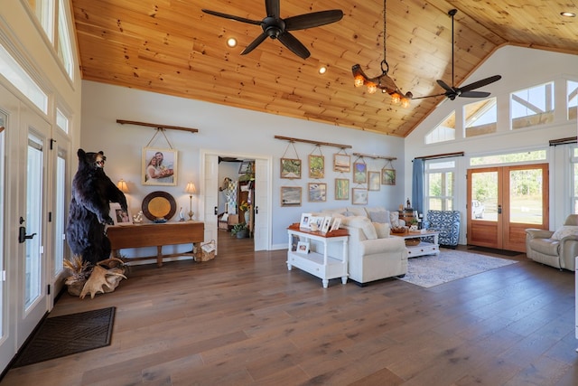 living room with ceiling fan, french doors, high vaulted ceiling, dark hardwood / wood-style floors, and wood ceiling