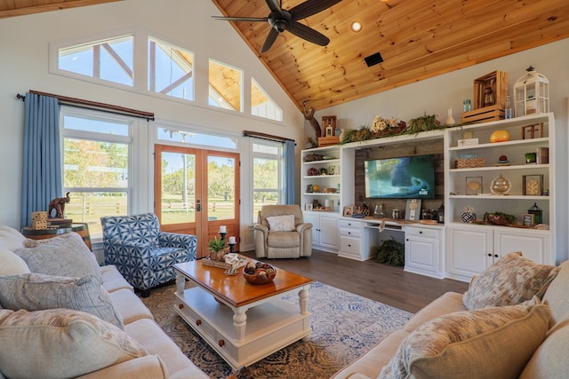 living room with french doors, ceiling fan, dark wood-type flooring, high vaulted ceiling, and wooden ceiling