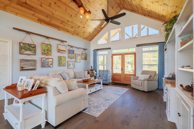 living room with dark wood-type flooring, high vaulted ceiling, french doors, ceiling fan, and wood ceiling