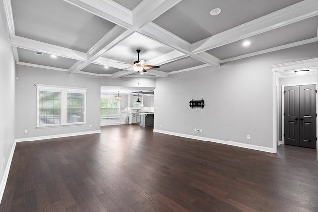 4234 Whithorn Way, Valdosta, GA 31605 - unfurnished living room with ceiling fan, dark wood-type flooring, beam ceiling, coffered ceiling, and a chandelier