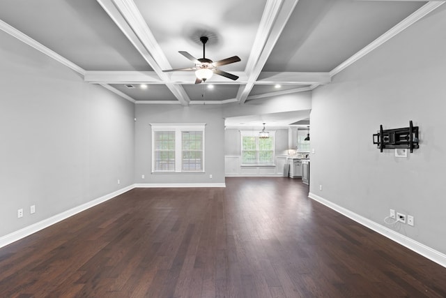 4234 Whithorn Way, Valdosta, GA 31605 - unfurnished living room featuring ceiling fan, dark wood-style floors, beamed ceiling, recessed lighting, and coffered ceiling