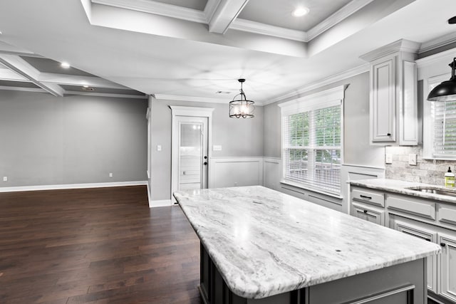 4234 Whithorn Way, Valdosta, GA 31605 - kitchen featuring coffered ceiling, gray cabinetry, a center island, recessed lighting, and dark wood-style floors