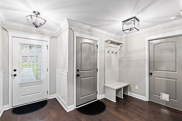 4234 Whithorn Way, Valdosta, GA 31605 - mudroom featuring a chandelier, dark wood-style floors, and crown molding