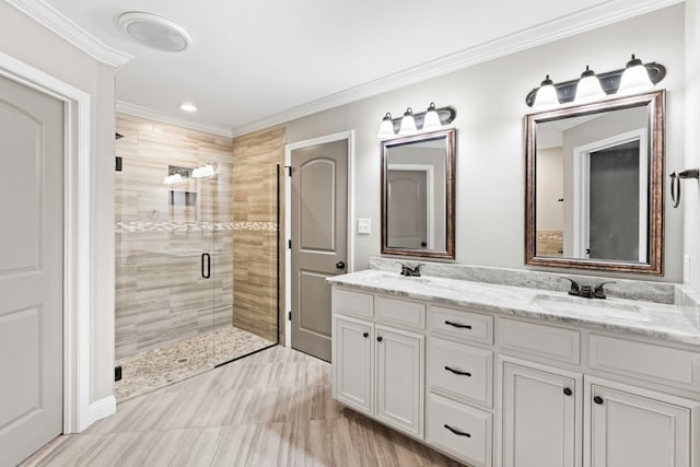 4234 Whithorn Way, Valdosta, GA 31605 - bathroom with a shower stall, double vanity, ornamental molding, and recessed lighting