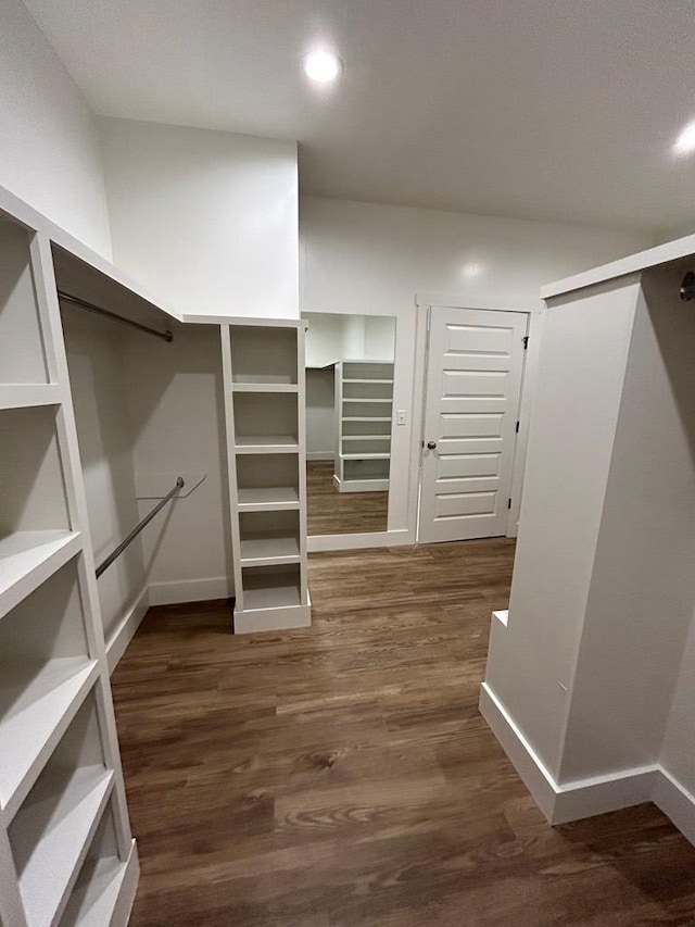 walk in closet with dark wood-type flooring