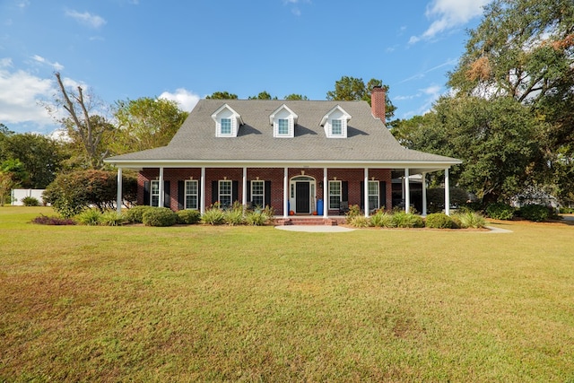 view of front of home with a porch and a front lawn