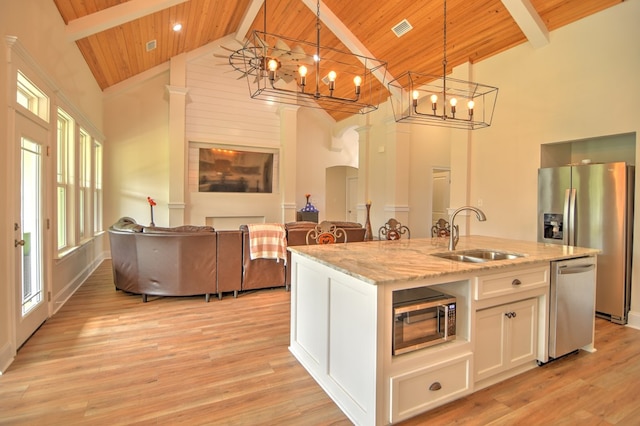 kitchen with white cabinets, pendant lighting, high vaulted ceiling, and sink