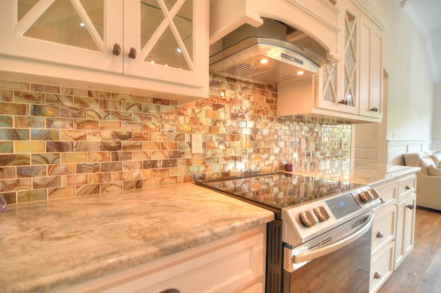 kitchen with light stone countertops, tasteful backsplash, premium range hood, wood-type flooring, and electric stove