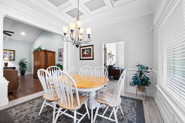 4740 Amelia Cir, Hahira, GA 31632 - dining area with a chandelier, ornamental molding, beamed ceiling, coffered ceiling, and wood finished floors