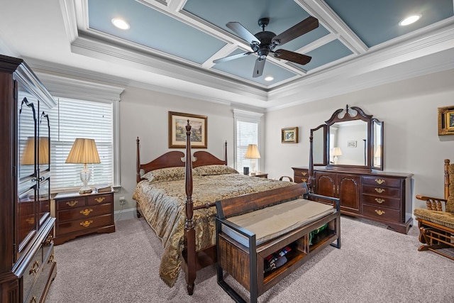 4740 Amelia Cir, Hahira, GA 31632 - bedroom featuring carpet, crown molding, recessed lighting, ceiling fan, and coffered ceiling