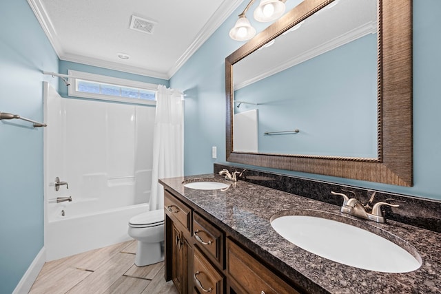 4740 Amelia Cir, Hahira, GA 31632 - full bath with toilet, ornamental molding, shower / tub combo with curtain, double vanity, and wood finished floors