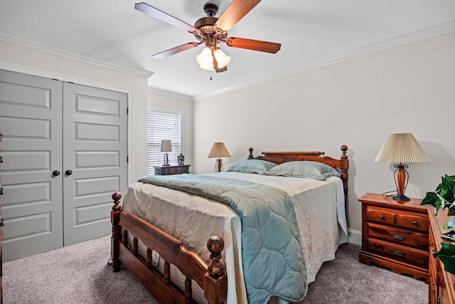 4740 Amelia Cir, Hahira, GA 31632 - carpeted bedroom featuring ornamental molding, a closet, ceiling fan, and a textured ceiling