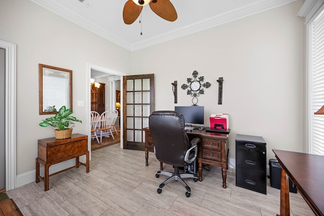 4740 Amelia Cir, Hahira, GA 31632 - office with ceiling fan, ornamental molding, and baseboards
