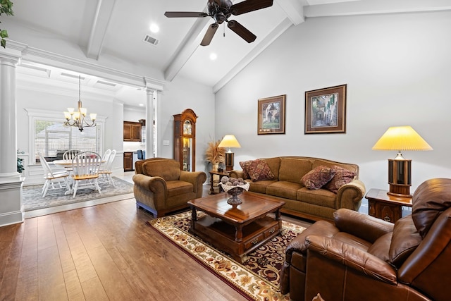 4740 Amelia Cir, Hahira, GA 31632 - living room with decorative columns, a ceiling fan, wood-type flooring, a chandelier, and recessed lighting