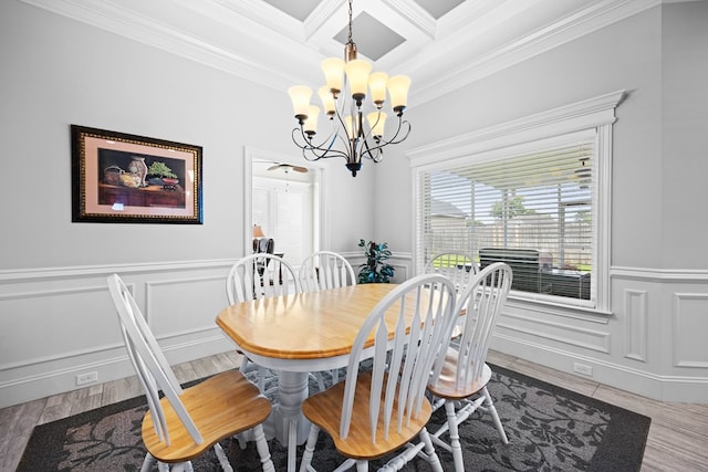 4740 Amelia Cir, Hahira, GA 31632 - dining room featuring a chandelier, crown molding, coffered ceiling, beam ceiling, and a wainscoted wall