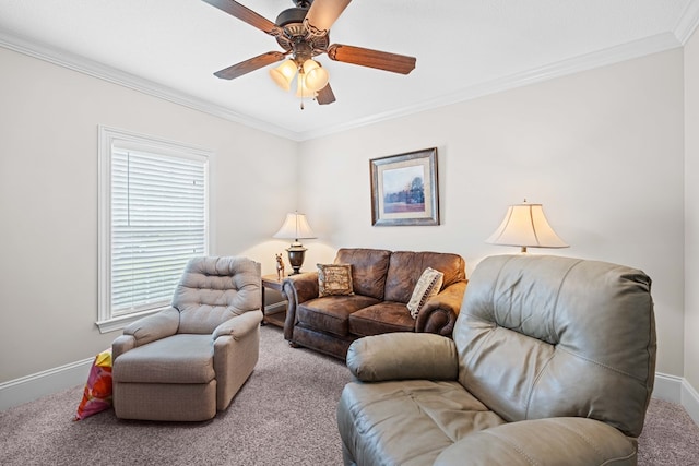 4740 Amelia Cir, Hahira, GA 31632 - carpeted living area featuring ornamental molding, baseboards, and ceiling fan