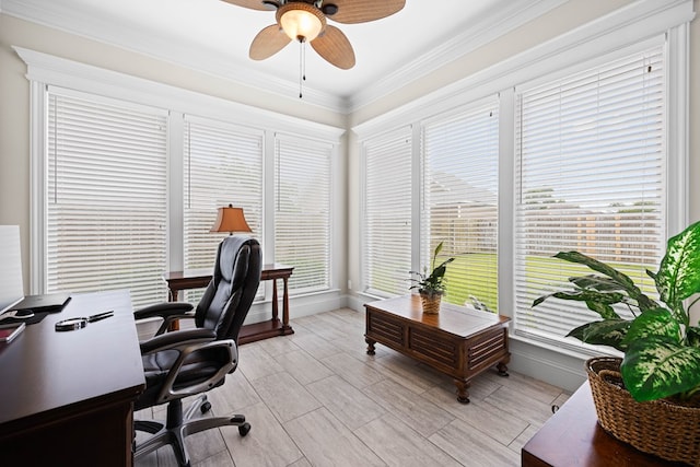 4740 Amelia Cir, Hahira, GA 31632 - office area with ceiling fan, crown molding, plenty of natural light, and baseboards