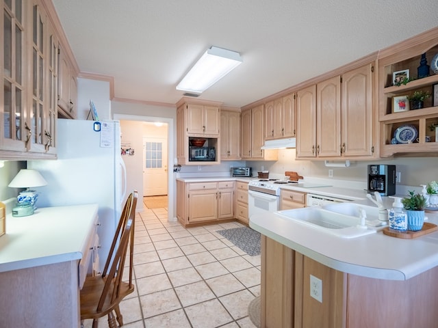 2951 Findley Chase, Valdosta, GA 31605 - kitchen with light brown cabinetry, under cabinet range hood, light countertops, open shelves, and a peninsula