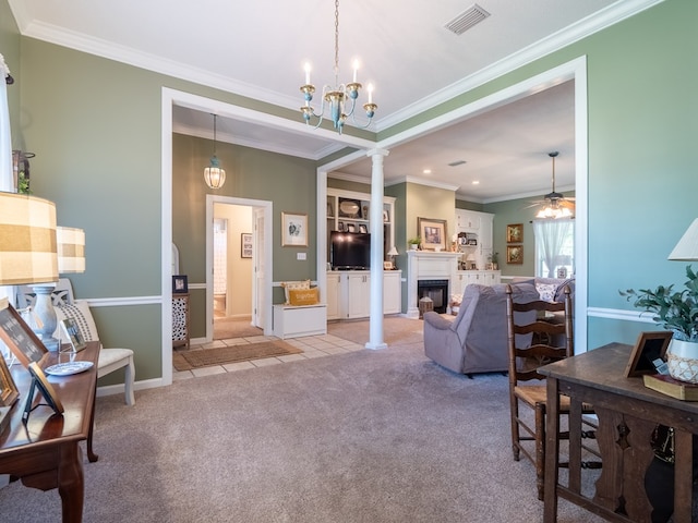 2951 Findley Chase, Valdosta, GA 31605 - living area with light tile patterned floors, visible vents, light colored carpet, a fireplace, and ornamental molding