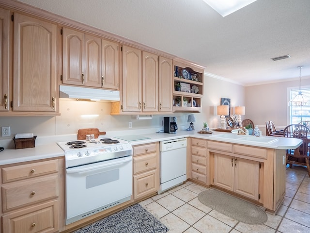 2951 Findley Chase, Valdosta, GA 31605 - kitchen with a peninsula, visible vents, white appliances, light brown cabinets, and under cabinet range hood