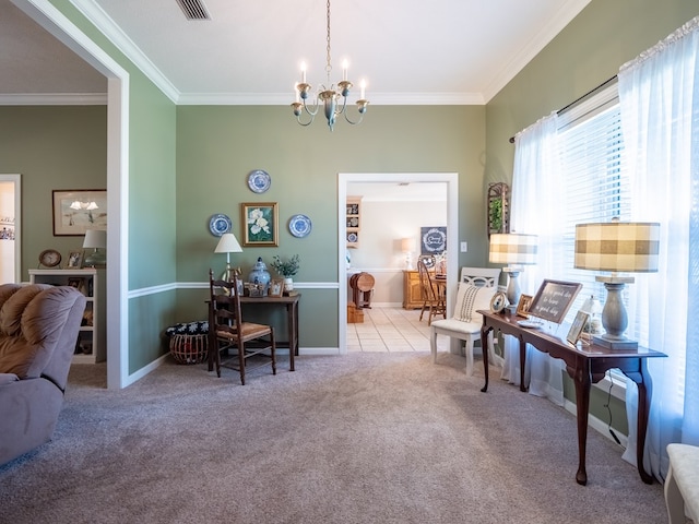 2951 Findley Chase, Valdosta, GA 31605 - sitting room with visible vents, baseboards, carpet, a chandelier, and crown molding