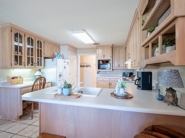 2951 Findley Chase, Valdosta, GA 31605 - kitchen with a peninsula, a sink, glass insert cabinets, under cabinet range hood, and white fridge with ice dispenser