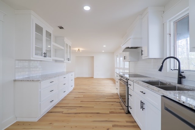 kitchen with light stone counters, sink, white cabinets, and appliances with stainless steel finishes