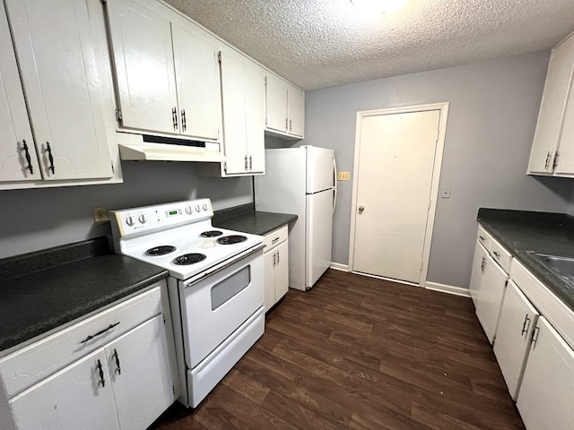 957 Mcafina Trl, Valdosta, GA 31602 - kitchen featuring a textured ceiling, white cabinetry, dark wood-type flooring, and white appliances