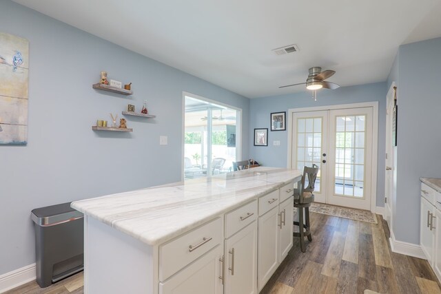 4604 Rustic Ridge Rd, Valdosta, GA 31602 - kitchen with french doors, dark wood-style floors, white cabinets, light stone counters, and ceiling fan