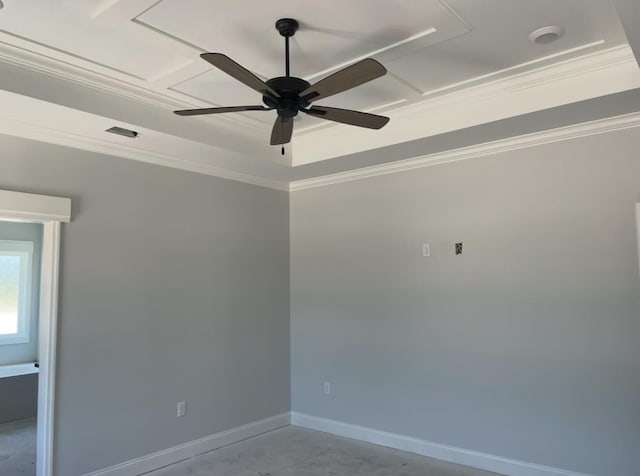 3864 Lu Ln, Hahira, GA 31632 - unfurnished room featuring a ceiling fan, ornamental molding, a tray ceiling, and baseboards