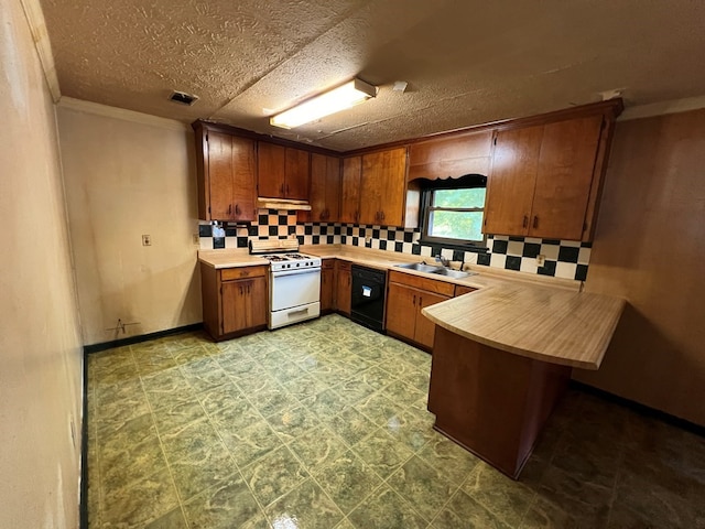 kitchen featuring backsplash, kitchen peninsula, white stove, and black dishwasher