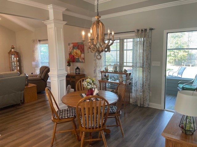 4686 Rudy Way, Hahira, GA 31632 - dining area featuring ornate columns, plenty of natural light, wood finished floors, and ornamental molding
