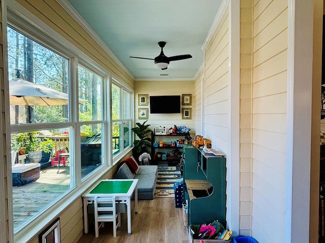 sunroom featuring ceiling fan